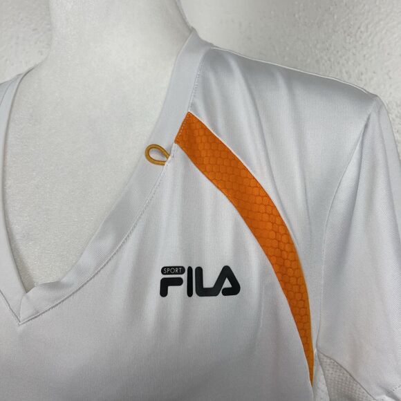 Fila Shirt Women Extra Large White Orange V-Neck Short Sleeve Stretch Active Tee - Picture 7 of 11